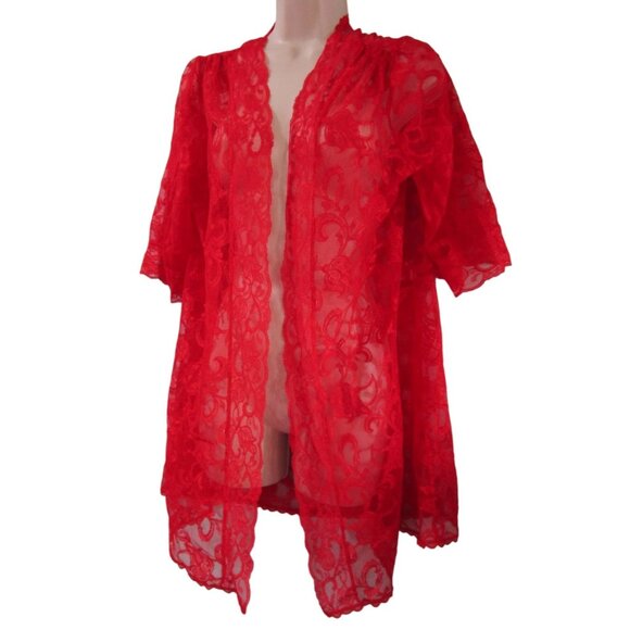 Shirley of Hollywood Red Lace Short Robe Ladies Small Vintage EUC USA Made - Picture 1 of 12